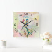 かわいく愛らしいヴィンテージの水彩画の鳥の花柄 スクエア壁時計 (ホーム)