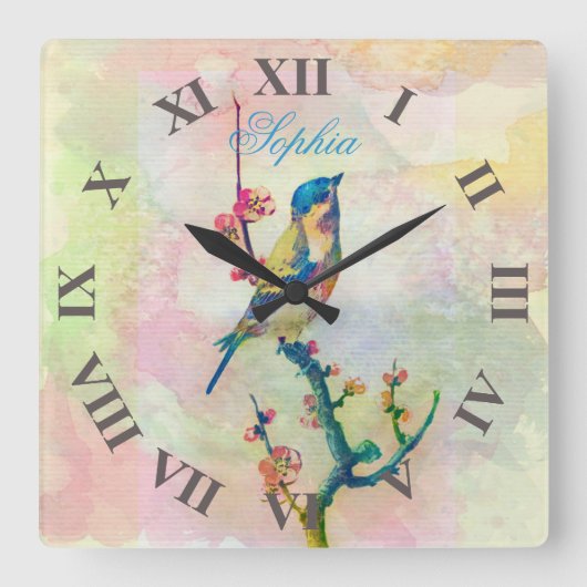 かわいく愛らしいヴィンテージの水彩画の鳥の花柄 スクエア壁時計 (正面)