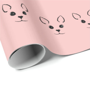 かわいく愛らしい手描きの子猫の顔のピンクおよび黒 ラッピングペーパー