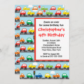 かわいく明るく及びカラフルな車の誕生会 招待状 (正面/裏面)