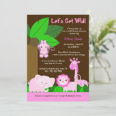 かわいく甘いジャングル動物の女の赤ちゃんのベビーシャワー 招待状 (スタンド正面)