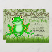 かわいく甘い緑カエルのつる植物のジャングルの誕生日 招待状 (正面/裏面)