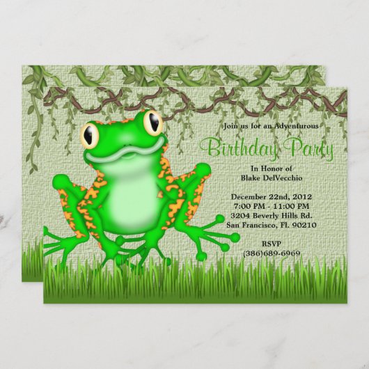 かわいく甘い緑カエルのつる植物のジャングルの誕生日 招待状 (正面/裏面)