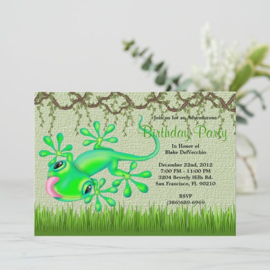 かわいく甘い緑トカゲのつる植物のジャングルの誕生日 招待状 (スタンド正面)
