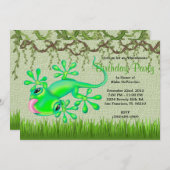 かわいく甘い緑トカゲのつる植物のジャングルの誕生日 招待状 (正面/裏面)