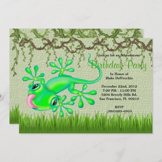 かわいく甘い緑トカゲのつる植物のジャングルの誕生日 招待状 (正面/裏面)