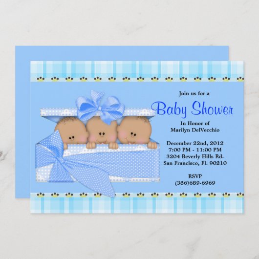 かわいく甘く青い三重項のベビーシャワー 招待状 (正面/裏面)