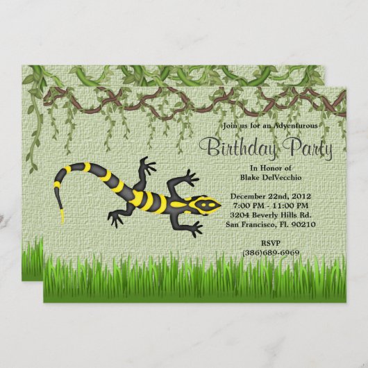 かわいく甘く黒いトカゲのつる植物のジャングルの誕生日 招待状 (正面/裏面)