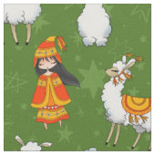 かわいく白いラマおよびペルーの女の子 ファブリック (クローズアップ)