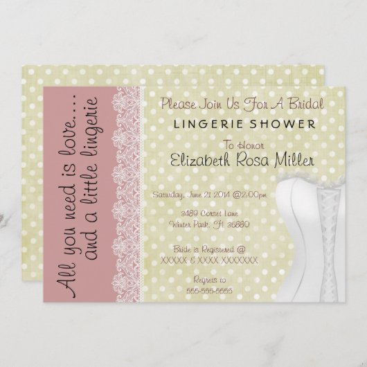 かわいく白いレースのコルセットのランジェリーのブライダルシャワー 招待状 (正面/裏面)