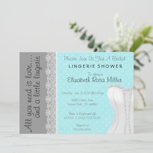 かわいく白いレースのコルセットのランジェリーのブライダルシャワー 招待状 (スタンド正面)