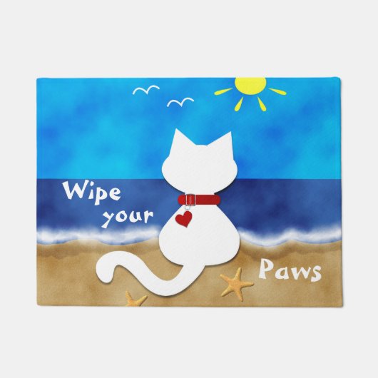 かわいく白い猫のビーチのテーマのワイプあなたの足のドア・マット ドアマット (正面)