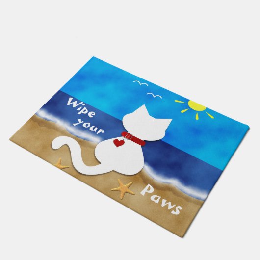 かわいく白い猫のビーチのテーマのワイプあなたの足のドア・マット ドアマット (アングル)