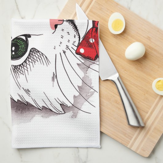 かわいく白い猫のメリークリスマス キッチンタオル (四つ折り)