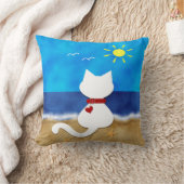 かわいく白い猫の夏の海のビーチのテーマの枕 クッション (ブランケット)