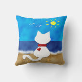 かわいく白い猫の夏の海のビーチのテーマの枕 クッション (裏面)