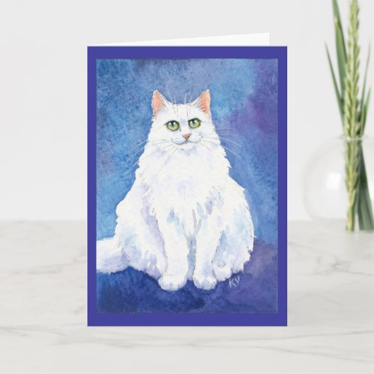 かわいく白い猫または子ネコの水彩画の挨拶状 カード (正面)