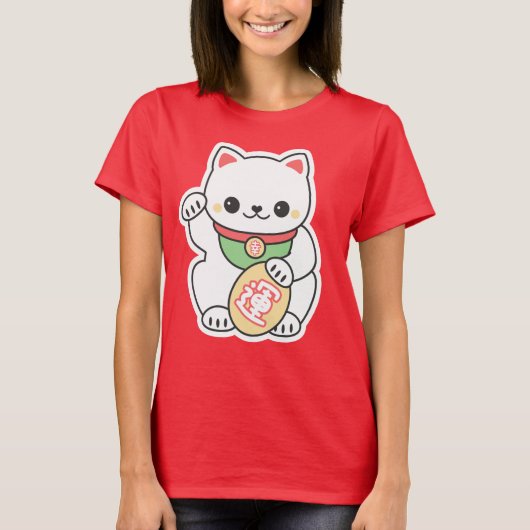 かわいく白いManeki Neko Tシャツ (正面)