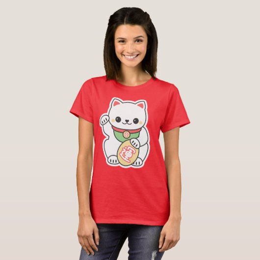 かわいく白いManeki Neko Tシャツ (正面フル)