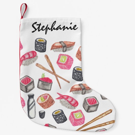 かわいく粋な水彩画の寿司の為および箸 スモールクリスマスストッキング (正面)