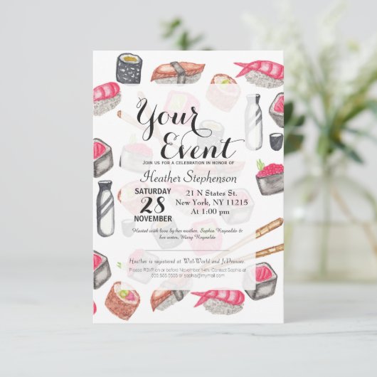 かわいく粋な水彩画の寿司の為および箸 招待状 (スタンド正面)