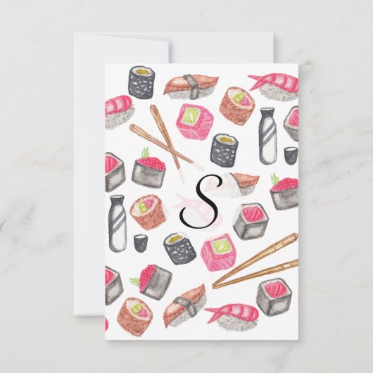かわいく粋な水彩画の寿司の為および箸 招待状 (裏面)