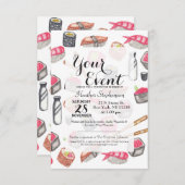 かわいく粋な水彩画の寿司の為および箸 招待状 (正面/裏面)