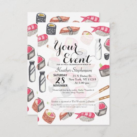 かわいく粋な水彩画の寿司の為および箸 招待状 (正面/裏面)