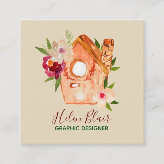 かわいく素朴な花の鳥の家の名刺 スクエア名刺 (正面)