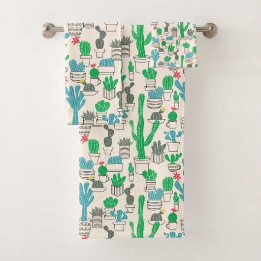 かわいく自然な花のサボテンパターン バスタオルセット (インサイチュ)