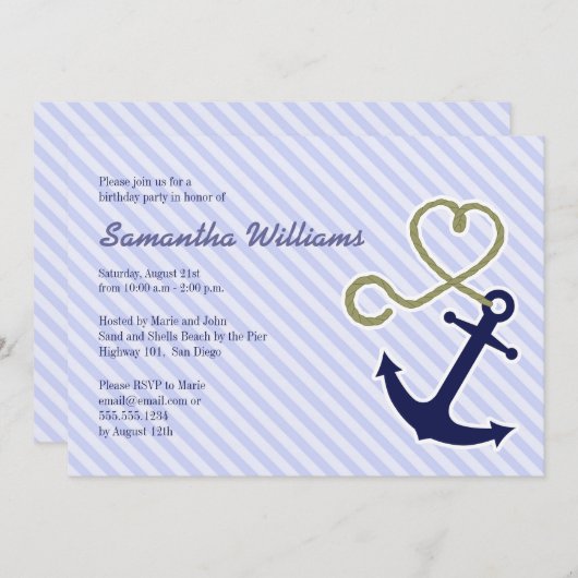 かわいく航海のないかりのバースデーパーティ招待状 招待状 (正面/裏面)