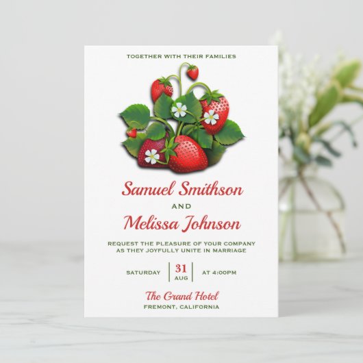 かわいく赤いいちごの花束の結婚式招待状 招待状 (スタンド正面)