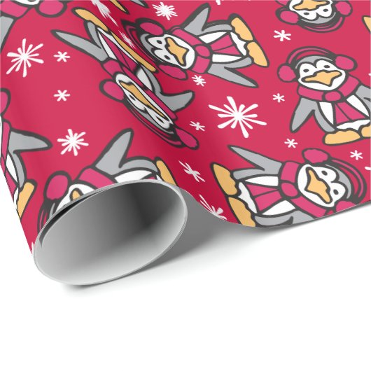 かわいく赤いクリスマスのペンギンの休日の覆い ラッピングペーパー (ロールコーナー)