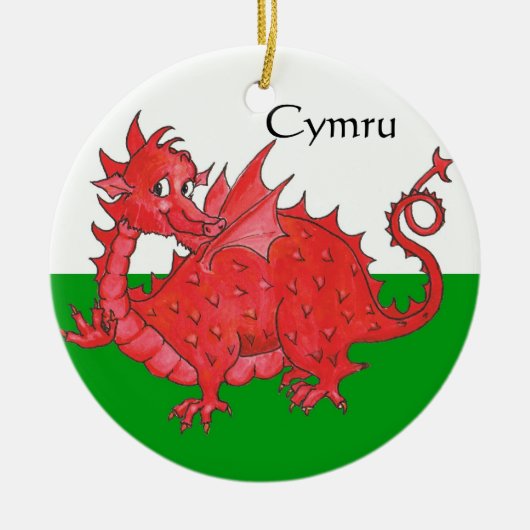 かわいく赤いドラゴンの、緑および白い陶磁器のオーナメント セラミックオーナメント (正面)