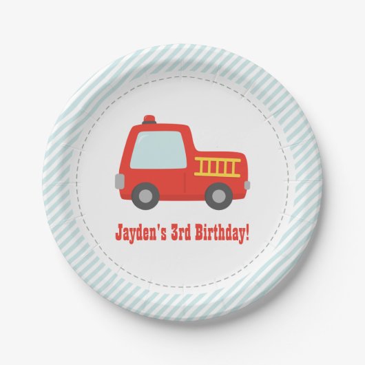 かわいく赤い普通消防車の男の子の誕生会の供給 ペーパープレート (正面)