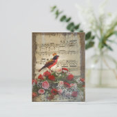 かわいく赤い鳥及びヴィンテージ音楽シート ポストカード (スタンド正面)