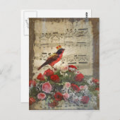 かわいく赤い鳥及びヴィンテージ音楽シート ポストカード (正面/裏面)