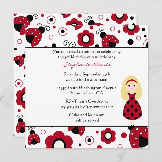 かわいく赤く黒い女性は誕生日のパーティの招待状を煩わせます 招待状 (正面/裏面)