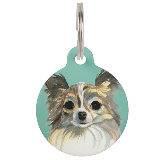 かわいく長い毛のチワワ犬の水彩画のポートレート ペット　ネームタグ (正面)