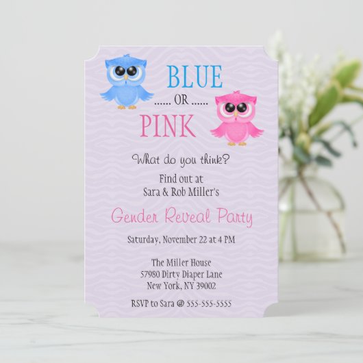 かわいく青いですかピンクのフクロウの性は招待を明らかにします 招待状 (スタンド正面)