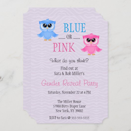 かわいく青いですかピンクのフクロウの性は招待を明らかにします 招待状 (正面/裏面)