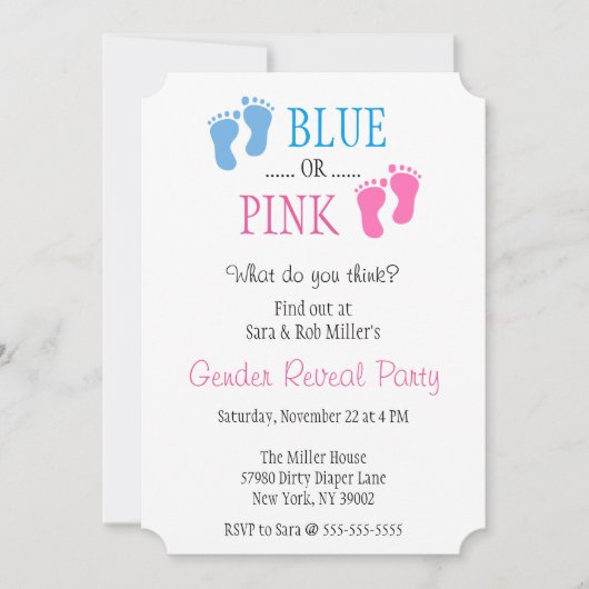 かわいく青いですかピンクの足跡の性は招待を明らかにします 招待状 (正面)