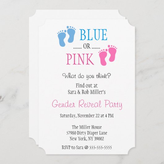 かわいく青いですかピンクの足跡の性は招待を明らかにします 招待状 (正面/裏面)
