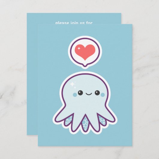 かわいく青いタコのバースデーパーティ招待状 招待状 (正面/裏面)