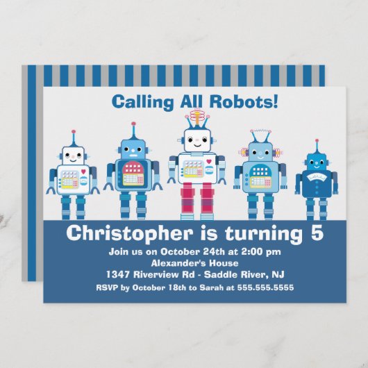 かわいく青いロボット誕生日のパーティの招待状 招待状 (正面/裏面)
