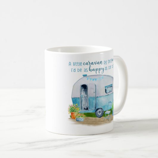 かわいく青いヴィンテージのレトロのキャンピングカーのキャラバン コーヒーマグカップ (正面右)