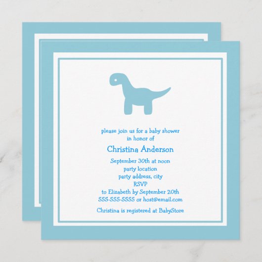 かわいく青い恐竜のベビーシャワーの招待状 招待状 (正面/裏面)