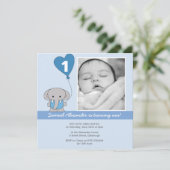 かわいく青い最初に象の写真の第1誕生会 招待状 (スタンド正面)