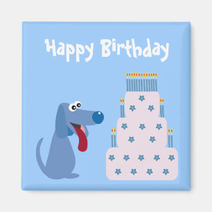 かわいく青い漫画犬及びお誕生日ケーキの磁石 マグネット