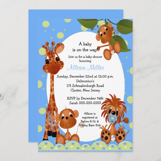かわいく青い猿及び友達の男の子のベビーシャワー 招待状 (正面/裏面)
